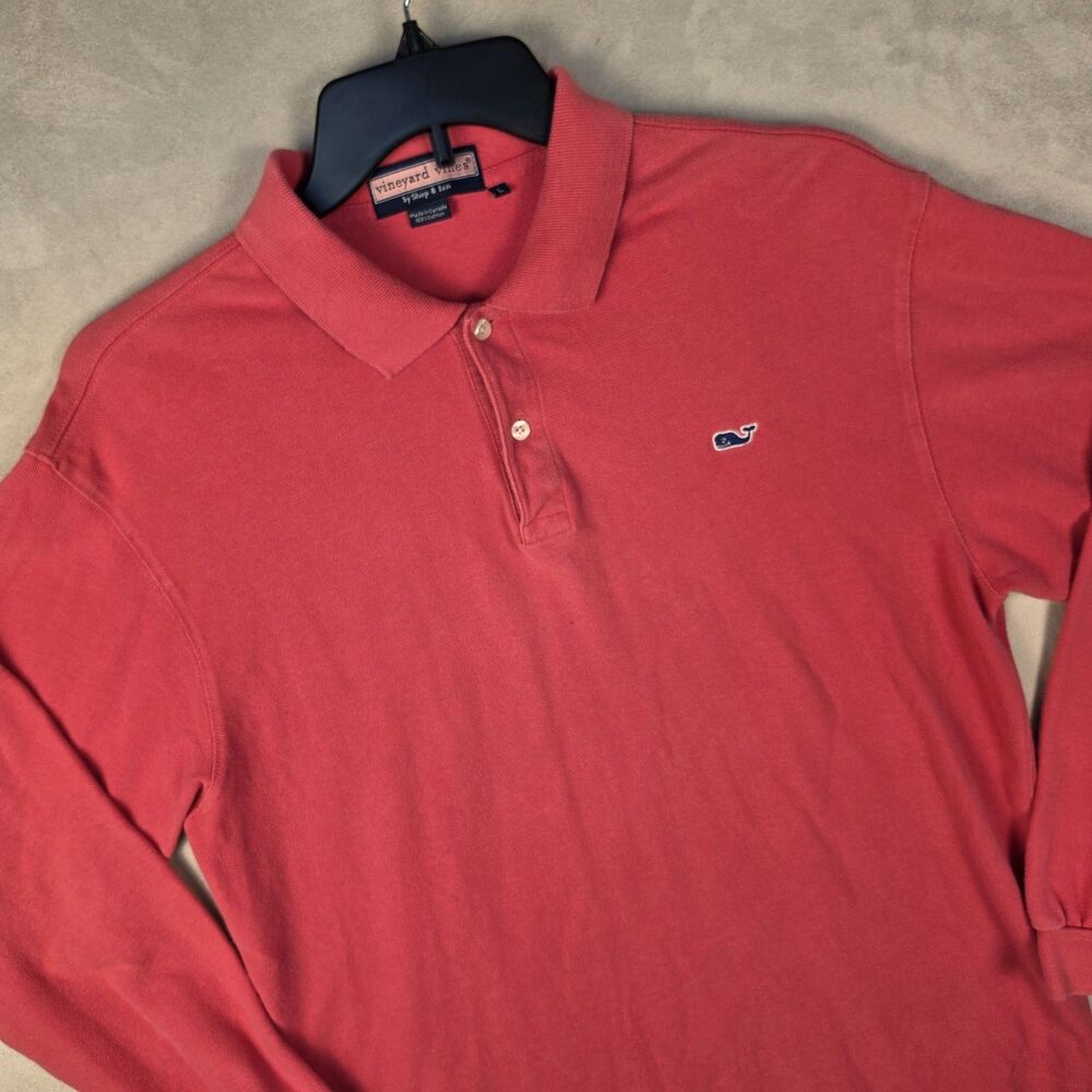 Vineyard Vines Long Sleeve Polo Shirt Whale Logo Coral Red Salmon [Large]